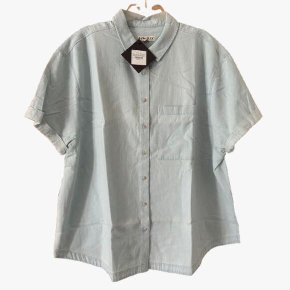 AVA & VIV Soft Light Wash Blue Cuffed Sleeve Denim No Gap Button Front Blouse  L - Picture 2 of 6